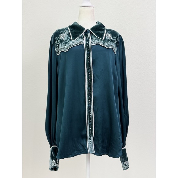 Shyanne Tops - Vintage Shyanne Velvet Trim Embroidered Western Blouse XL Green Boho